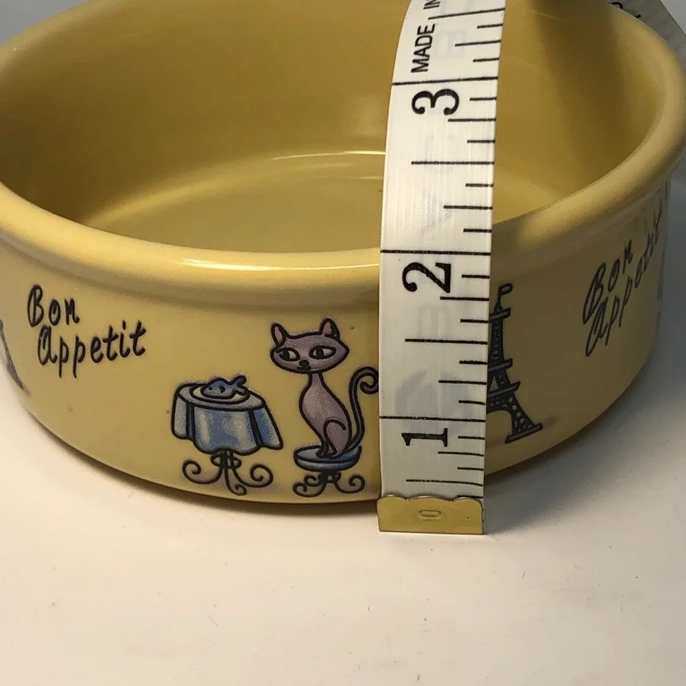 Yellow Ceramic Pet Bowl with cat & Eiffel Tower Design